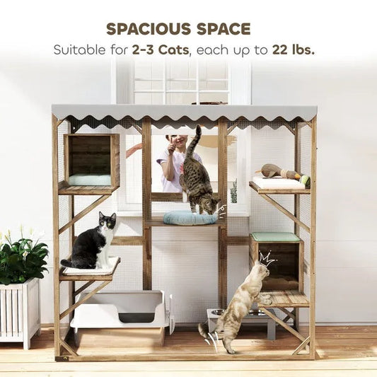 KFX-8289213 Expandable Outdoor Cat Enclosure with Multi-Level Platforms and Waterproof Roof for Multiple Cats