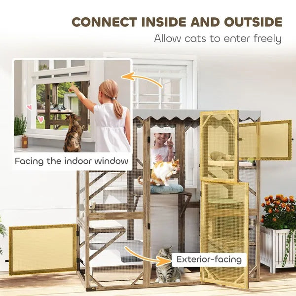 KFX-8289213 Expandable Outdoor Cat Enclosure with Multi-Level Platforms and Waterproof Roof for Multiple Cats