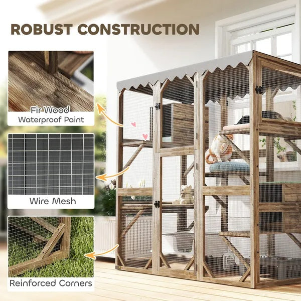 KFX-8289213 Expandable Outdoor Cat Enclosure with Multi-Level Platforms and Waterproof Roof for Multiple Cats