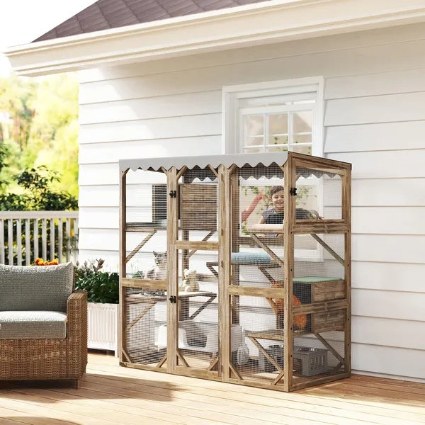 KFX-8289213 Expandable Outdoor Cat Enclosure with Multi-Level Platforms and Waterproof Roof for Multiple Cats