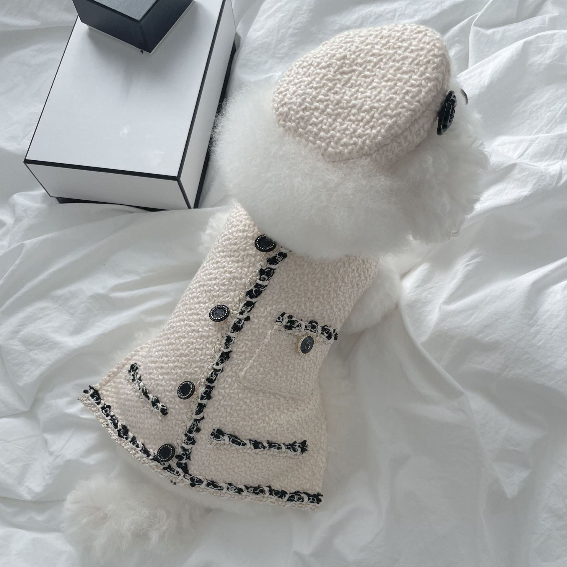 KFX-8290365 Fashionable Knitted Hat for Pets - Black and Beige, Designed for Comfort and Style, Head Circumference 40cm