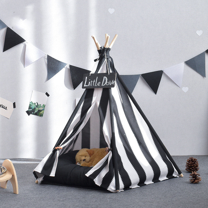 KFX-8301117 Detachable Pet Tent in Black and White Stripes – Cotton Canvas for Small and Large Pets