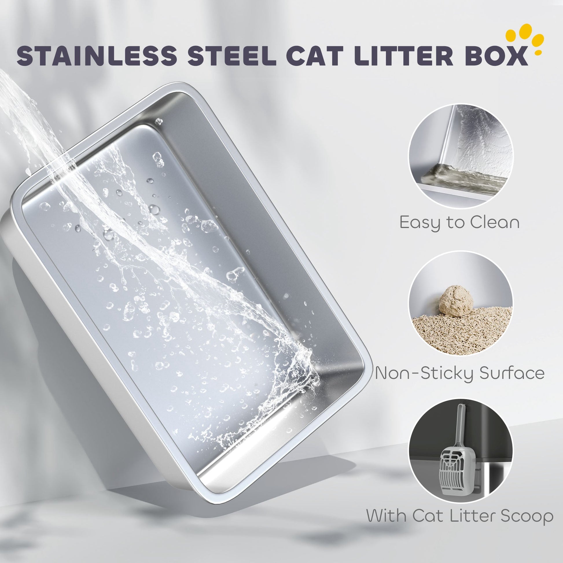 KFX-8302525 Extra Large Enclosed Stainless Steel Cat Litter Box with Scoop and Non-Slip Pads - Top Entry Design, Black