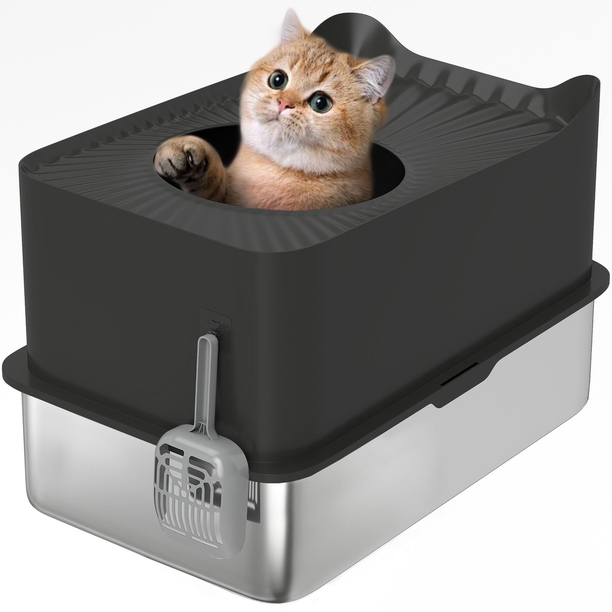 KFX-8302525 Extra Large Enclosed Stainless Steel Cat Litter Box with Scoop and Non-Slip Pads - Top Entry Design, Black
