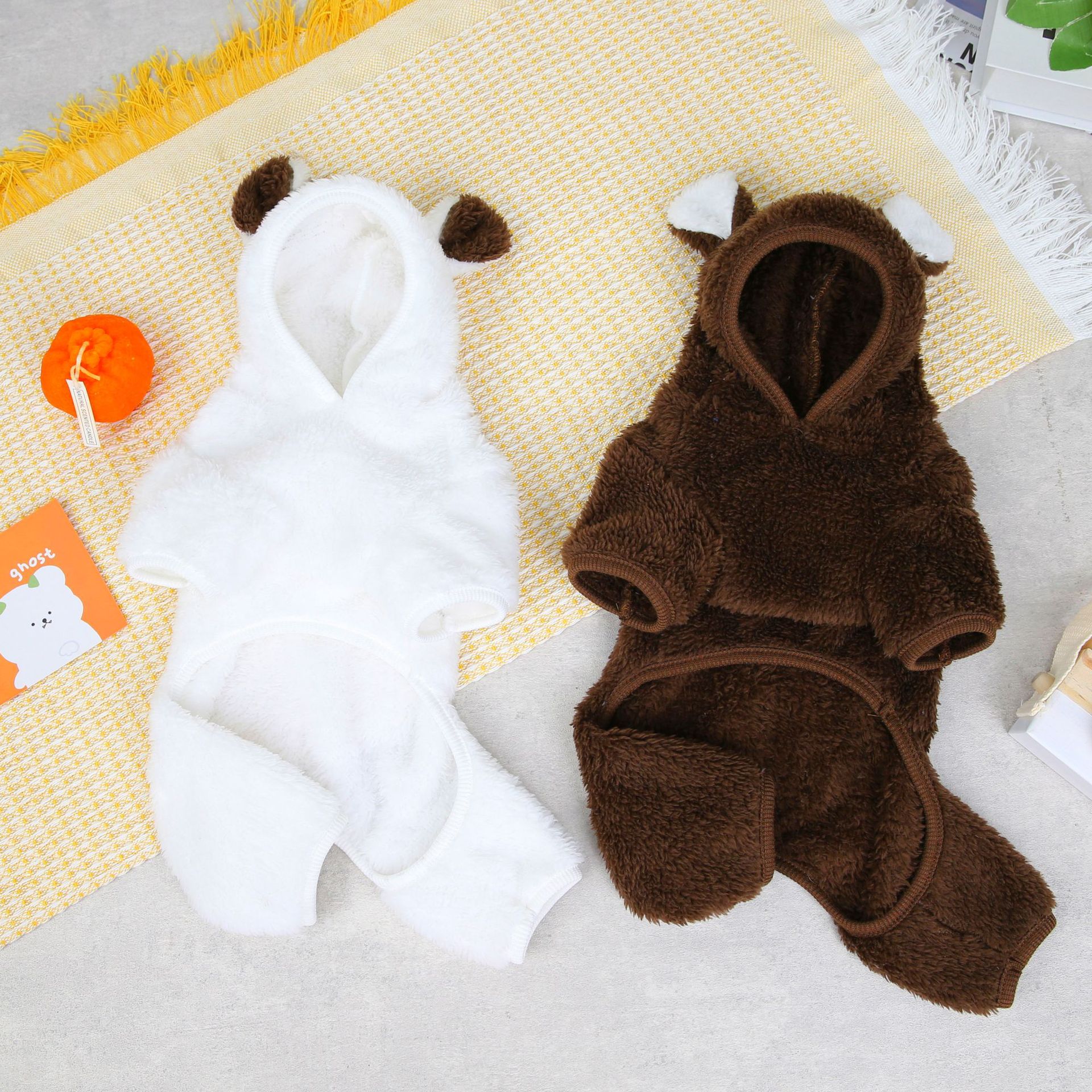 KFX-8307389 Fluffy Polar Fleece Jacket for Dogs in White and Dark Brown, Warm and Cartoon Style