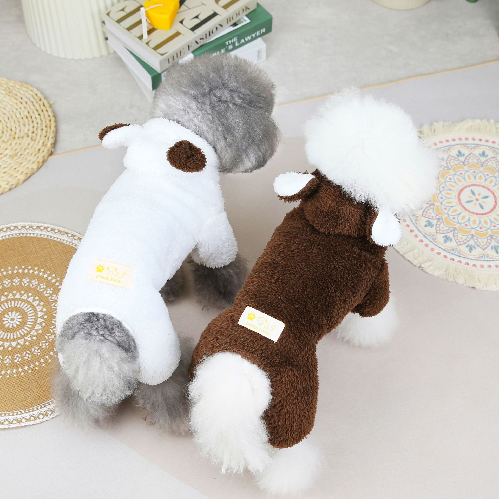 KFX-8307389 Fluffy Polar Fleece Jacket for Dogs in White and Dark Brown, Warm and Cartoon Style