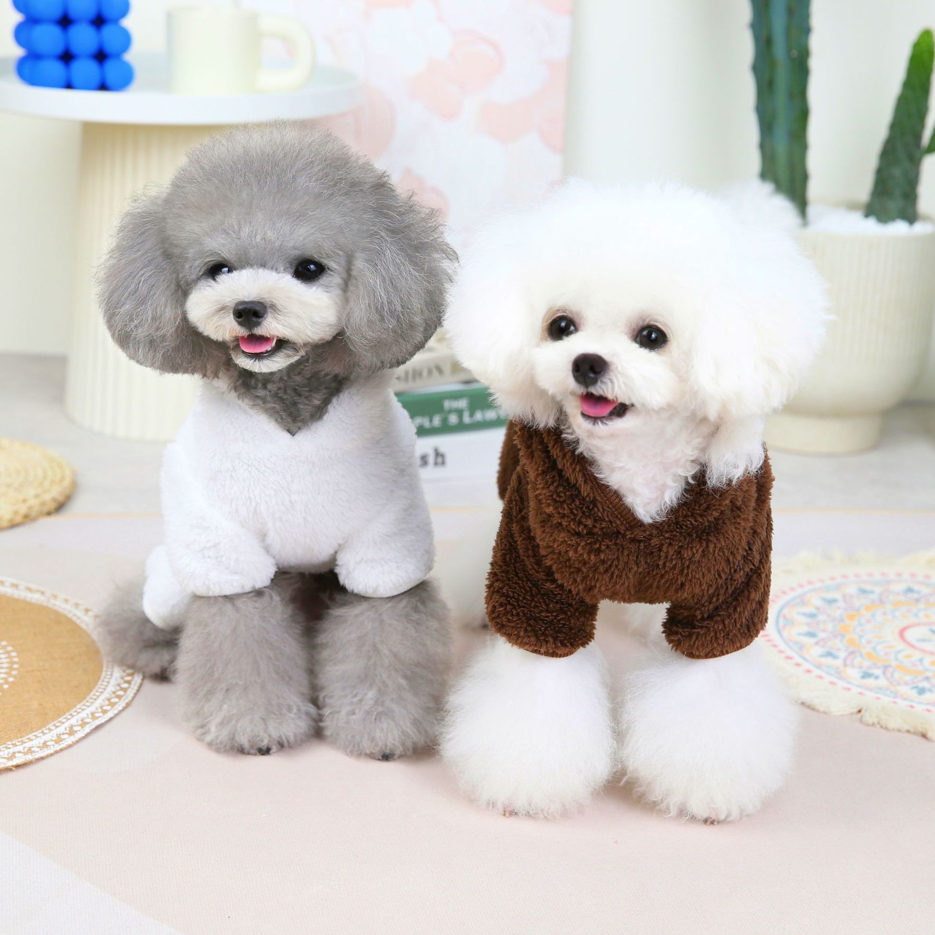 KFX-8307389 Fluffy Polar Fleece Jacket for Dogs in White and Dark Brown, Warm and Cartoon Style