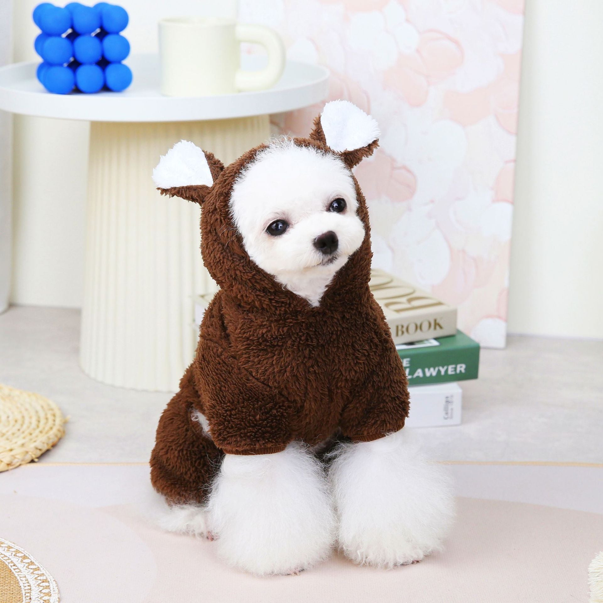 KFX-8307389 Fluffy Polar Fleece Jacket for Dogs in White and Dark Brown, Warm and Cartoon Style