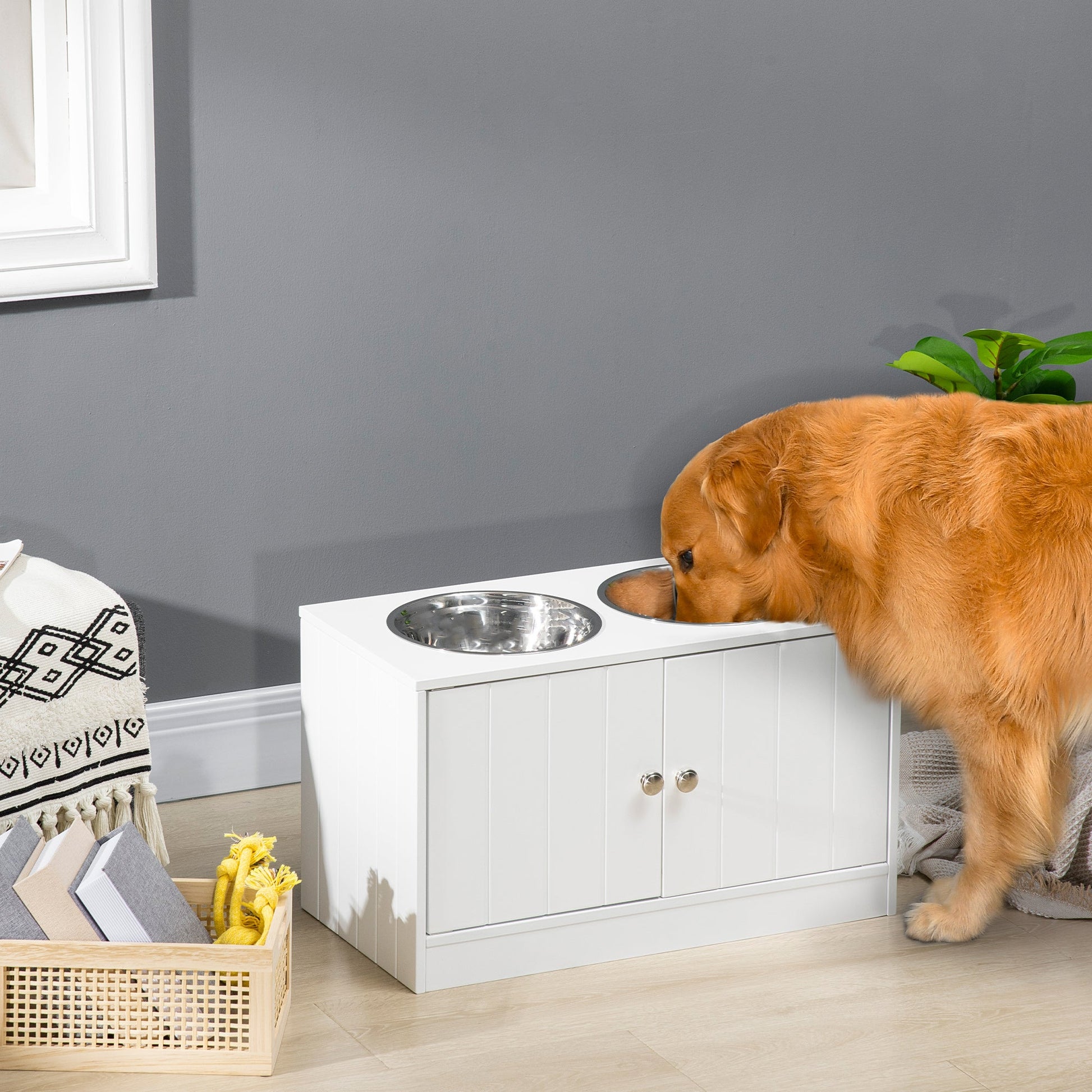 KFX-8312765 Large Elevated Dog Bowl Stand with Storage Cabinet and Two Stainless Steel Bowls