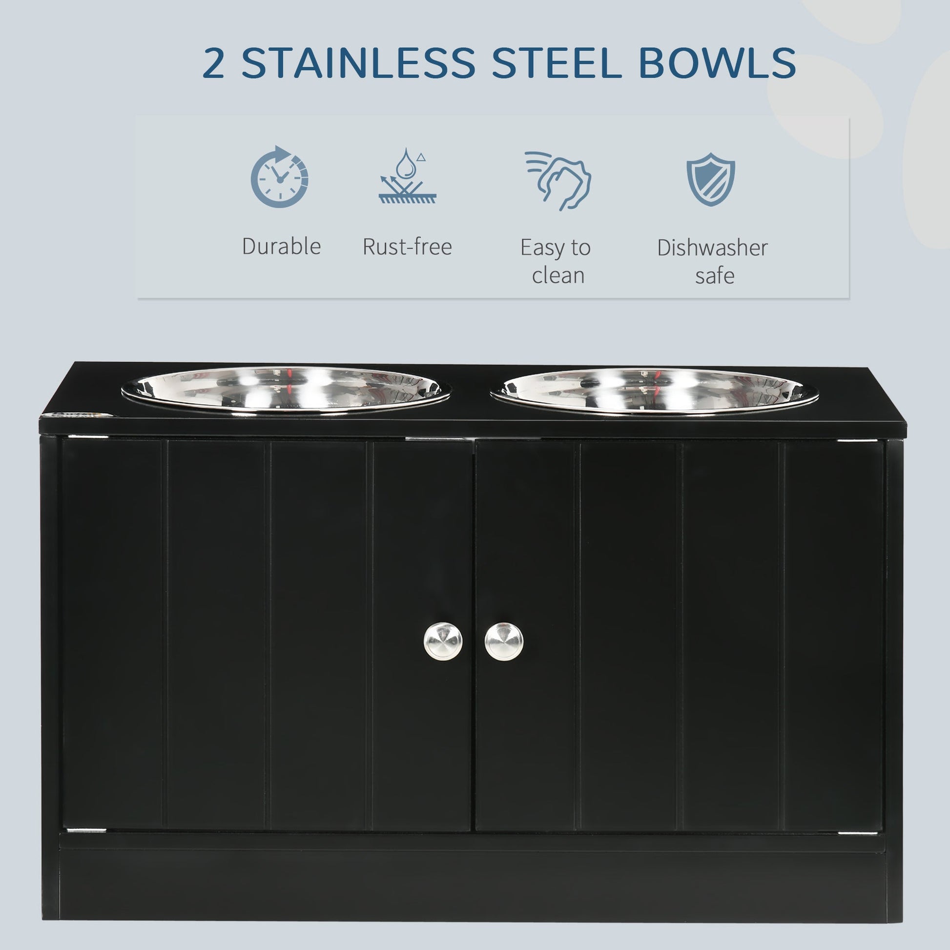 KFX-8312765 Large Elevated Dog Bowl Stand with Storage Cabinet and Two Stainless Steel Bowls