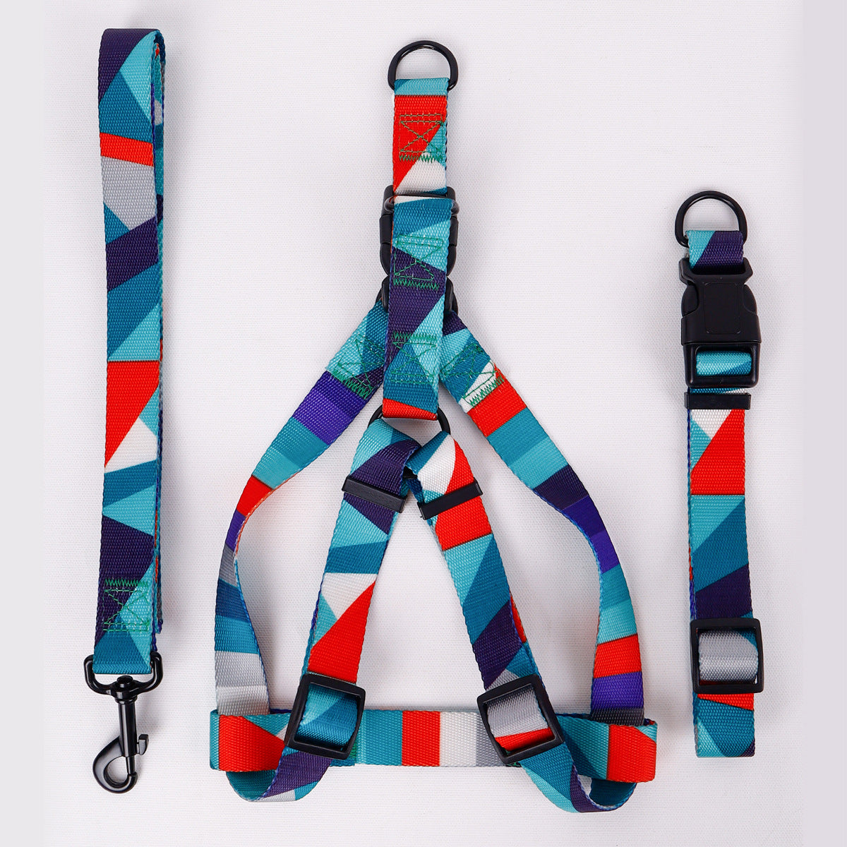 KFX-8315197 Three-Piece Set: Pink/White, Blue/Red, Green/White, Purple/Yellow Dog Leash, Collar, and Harness