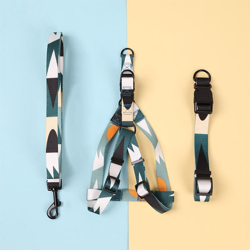 KFX-8315197 Three-Piece Set: Pink/White, Blue/Red, Green/White, Purple/Yellow Dog Leash, Collar, and Harness