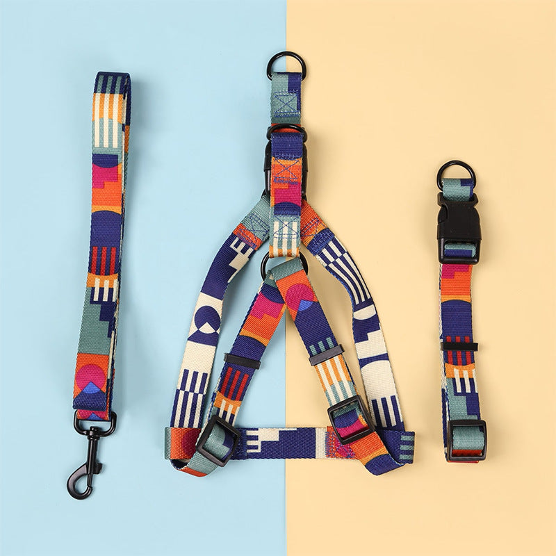 KFX-8315197 Three-Piece Set: Pink/White, Blue/Red, Green/White, Purple/Yellow Dog Leash, Collar, and Harness