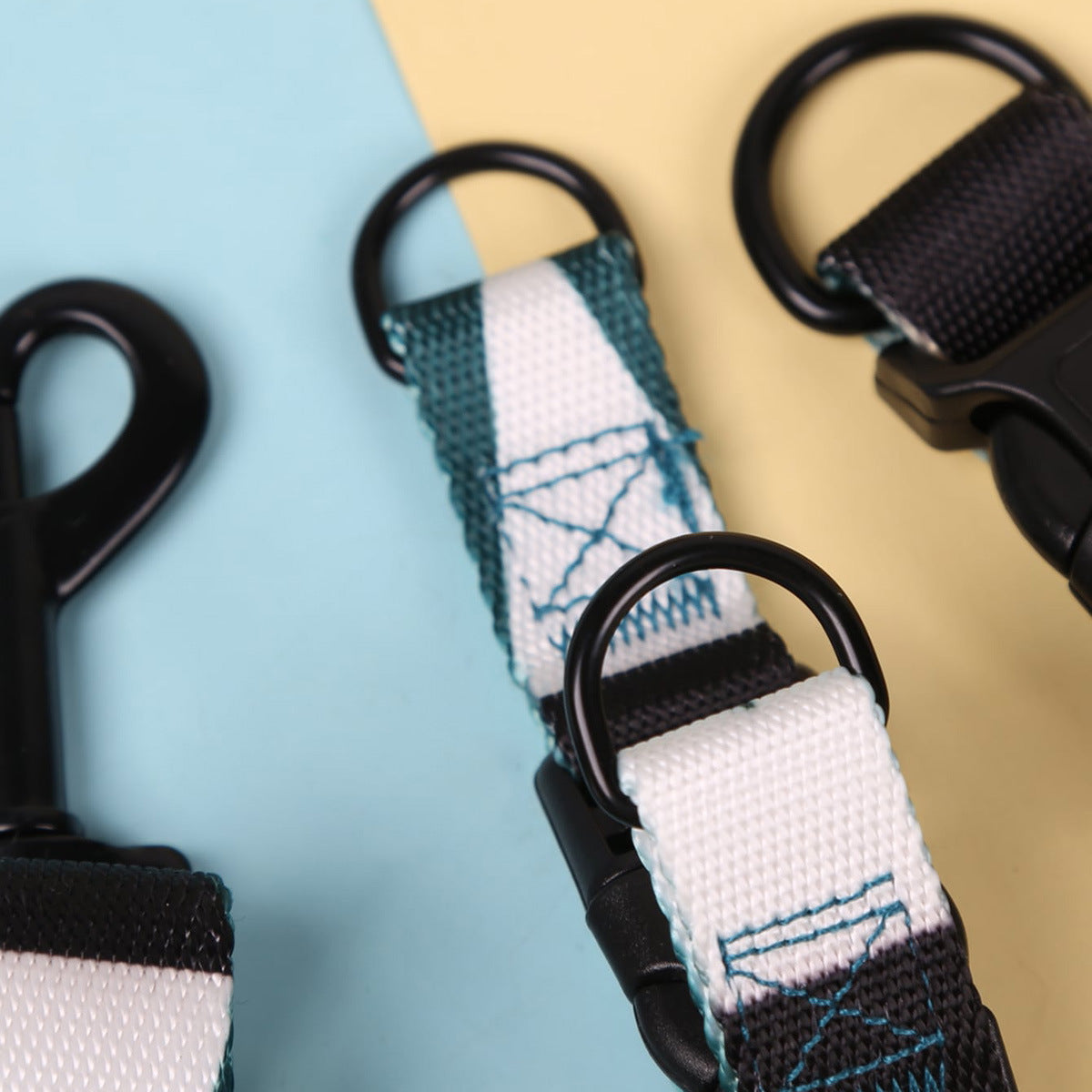 KFX-8315197 Three-Piece Set: Pink/White, Blue/Red, Green/White, Purple/Yellow Dog Leash, Collar, and Harness
