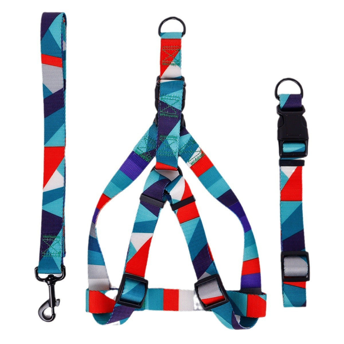 KFX-8315197 Three-Piece Set: Pink/White, Blue/Red, Green/White, Purple/Yellow Dog Leash, Collar, and Harness