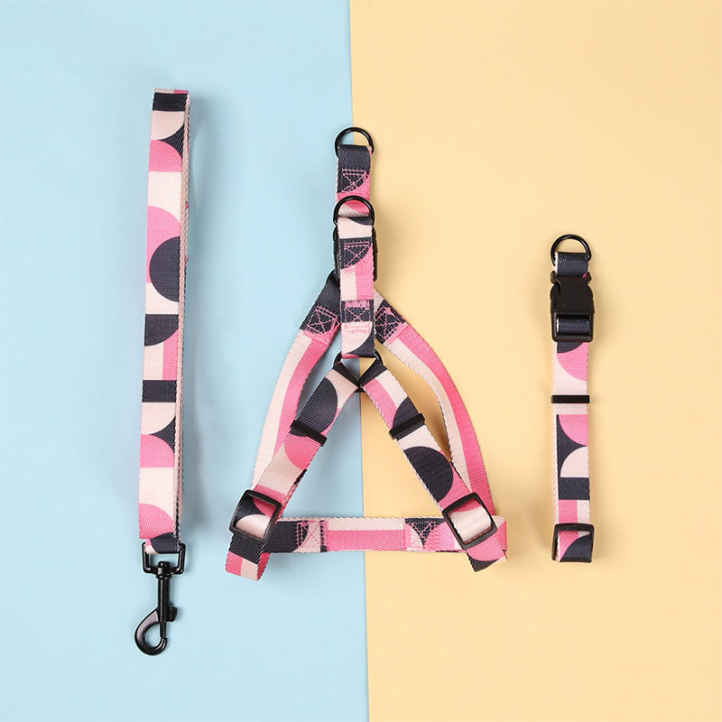 KFX-8315197 Three-Piece Set: Pink/White, Blue/Red, Green/White, Purple/Yellow Dog Leash, Collar, and Harness
