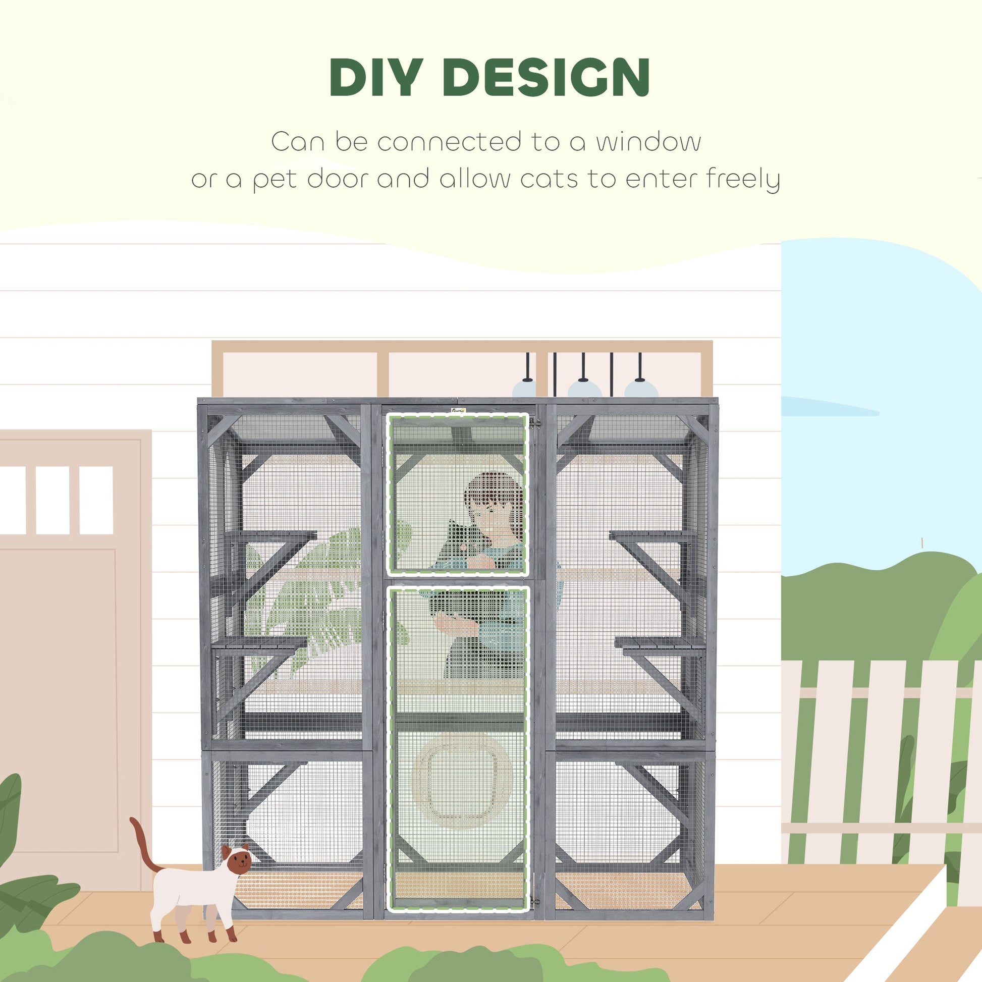 KFX-8316221 Outdoor Wooden Catio with 6 Jumping Platforms and Weatherproof Roof for Cats, 59 X 28 X 60 Inches, Gray