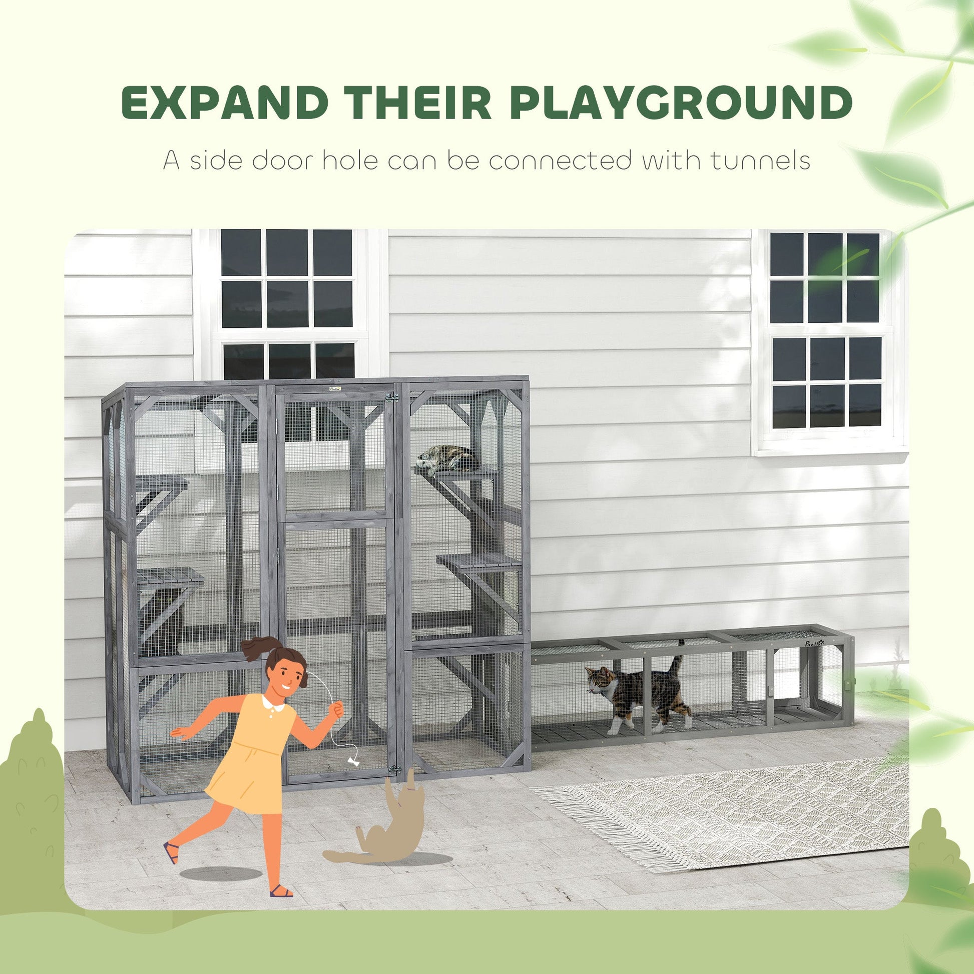 KFX-8316221 Outdoor Wooden Catio with 6 Jumping Platforms and Weatherproof Roof for Cats, 59 X 28 X 60 Inches, Gray