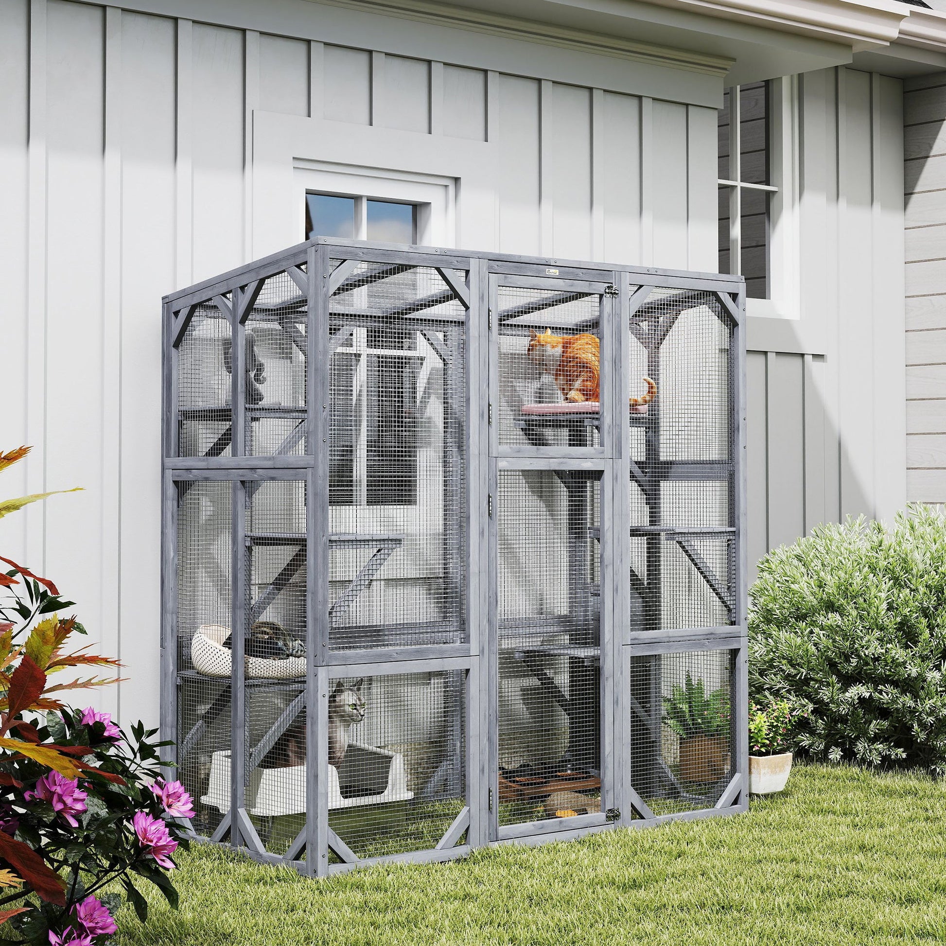 KFX-8316221 Outdoor Wooden Catio with 6 Jumping Platforms and Weatherproof Roof for Cats, 59 X 28 X 60 Inches, Gray