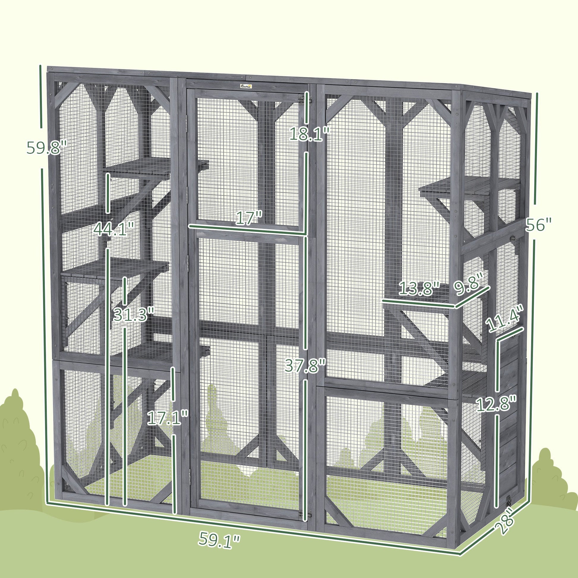 KFX-8316221 Outdoor Wooden Catio with 6 Jumping Platforms and Weatherproof Roof for Cats, 59 X 28 X 60 Inches, Gray