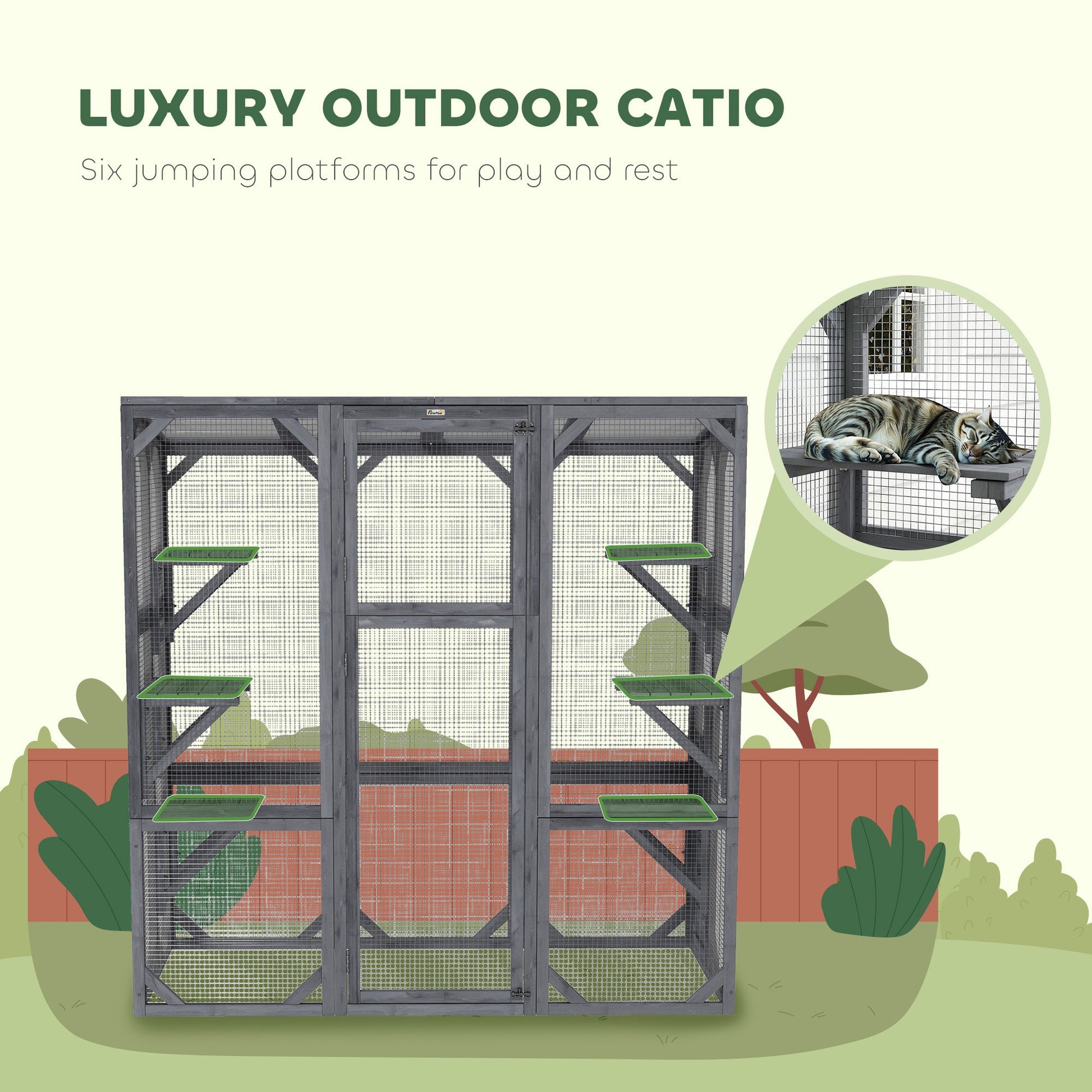 KFX-8316221 Outdoor Wooden Catio with 6 Jumping Platforms and Weatherproof Roof for Cats, 59 X 28 X 60 Inches, Gray