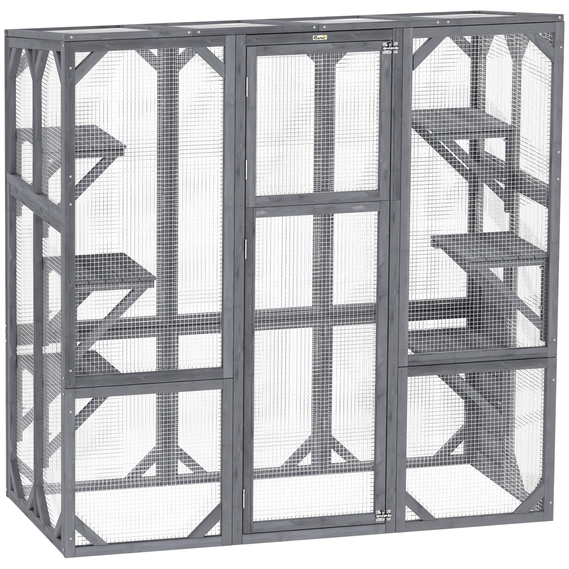 KFX-8316221 Outdoor Wooden Catio with 6 Jumping Platforms and Weatherproof Roof for Cats, 59 X 28 X 60 Inches, Gray
