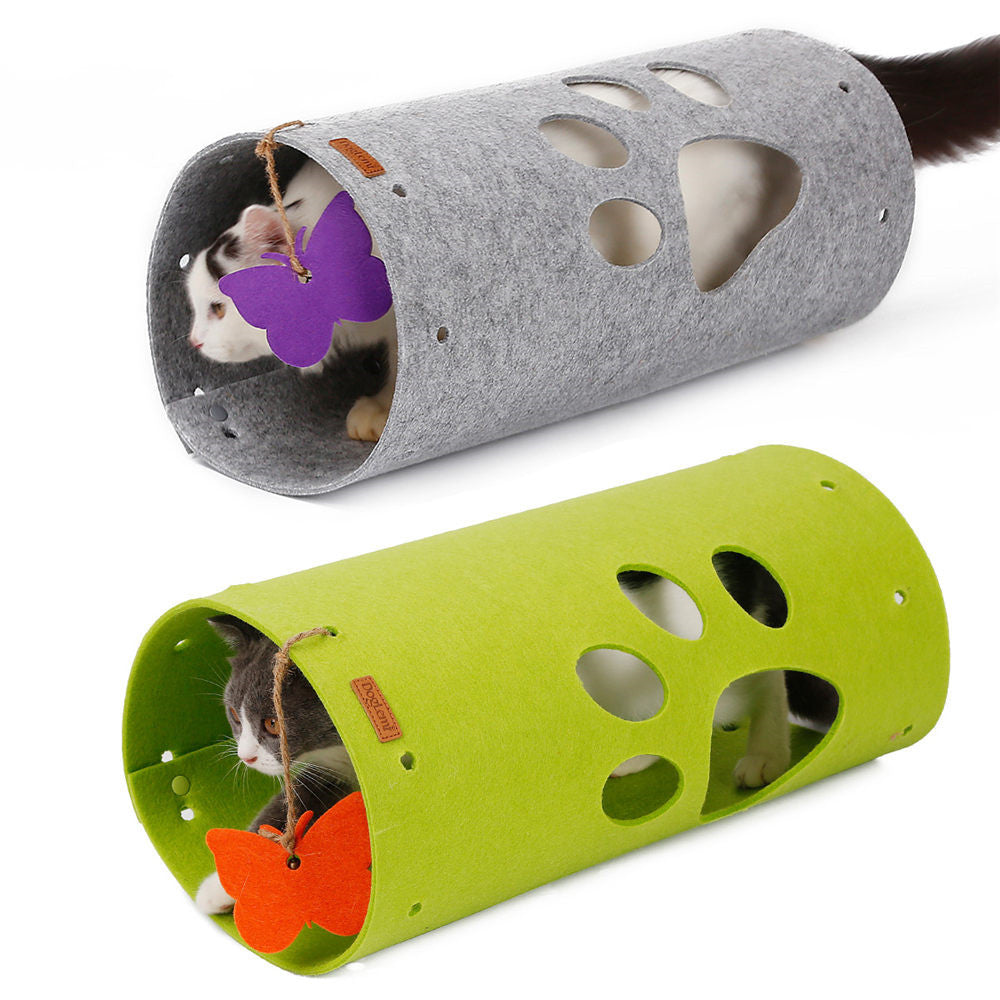 KFX-8317629 Splicable Folding Cat Tunnel - Durable Felt Cloth in Gray and Green, 79x45cm