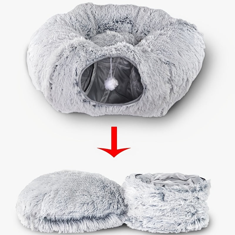 KFX-8319805 Cozy Round Plush Cat Nest Tunnel - Warm, Foldable Pet Kennel for Winter