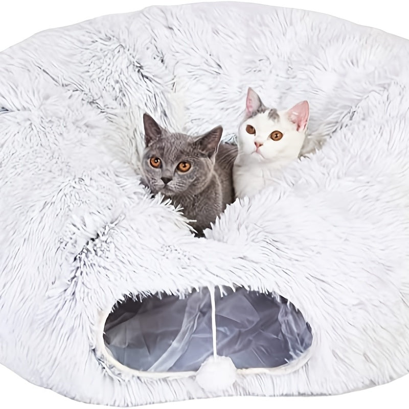 KFX-8319805 Cozy Round Plush Cat Nest Tunnel - Warm, Foldable Pet Kennel for Winter
