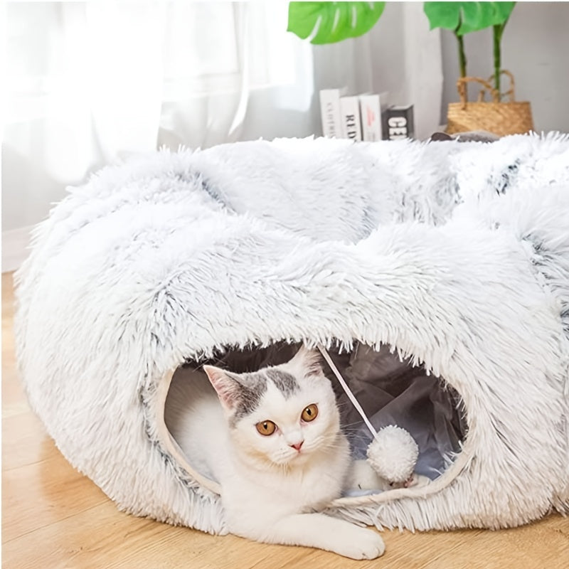 KFX-8319805 Cozy Round Plush Cat Nest Tunnel - Warm, Foldable Pet Kennel for Winter