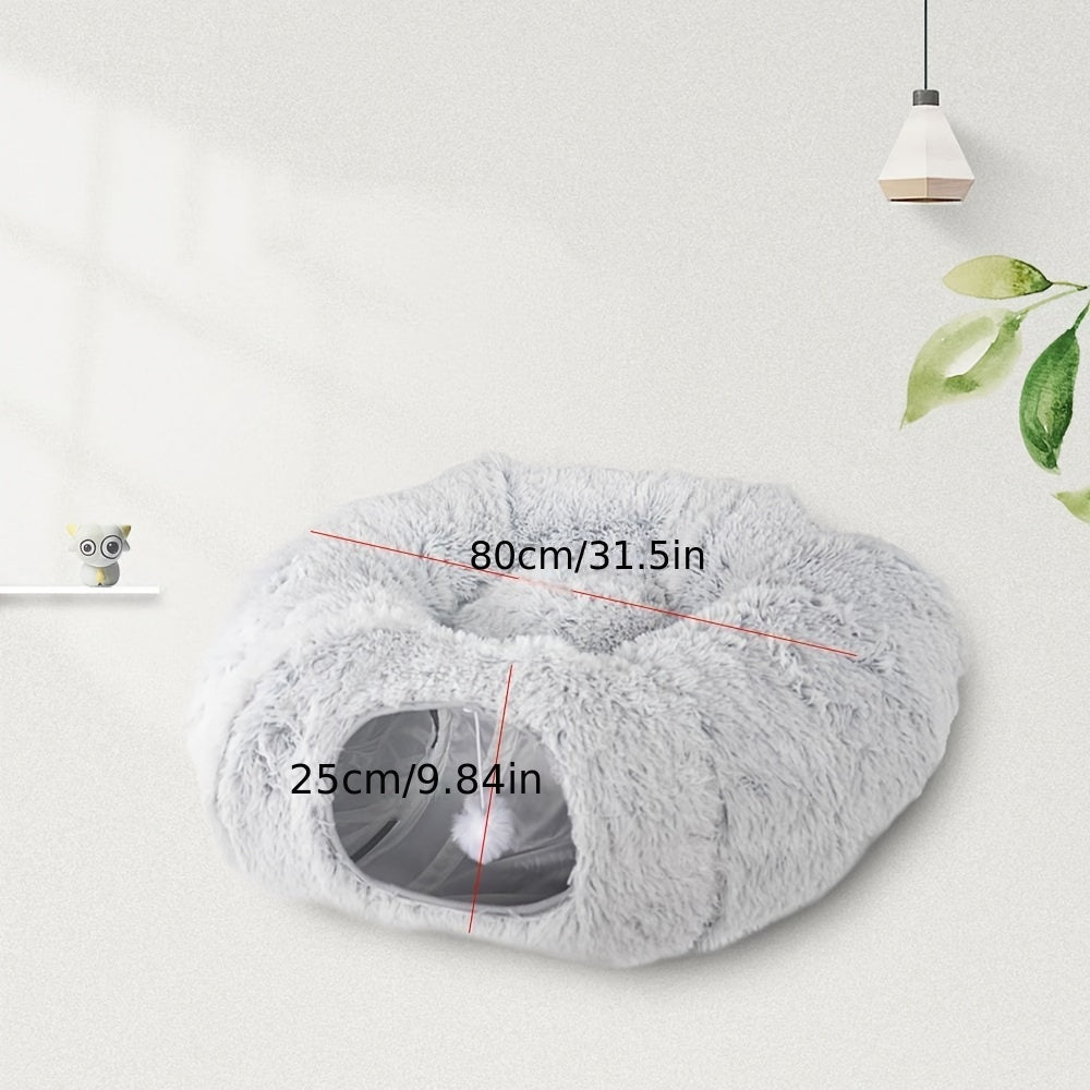 KFX-8319805 Cozy Round Plush Cat Nest Tunnel - Warm, Foldable Pet Kennel for Winter