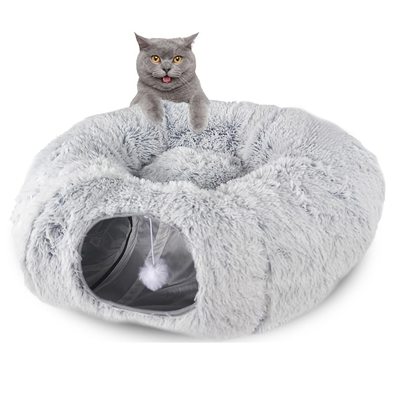 KFX-8319805 Cozy Round Plush Cat Nest Tunnel - Warm, Foldable Pet Kennel for Winter