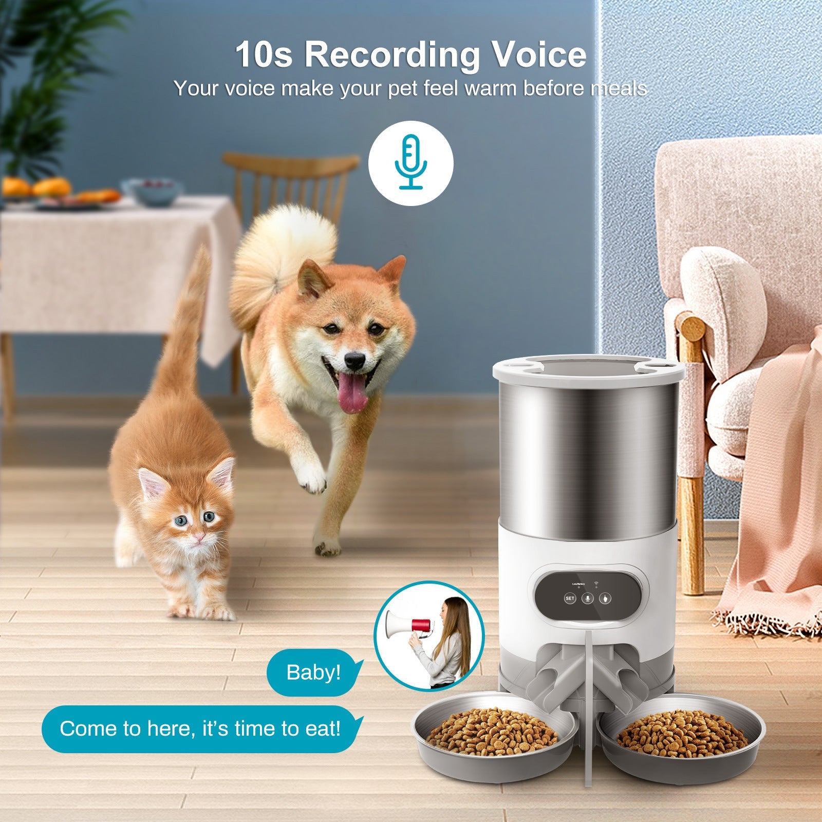 KFX-8322109 Automatic Pet Feeder with Dual Meal Design and Voice Recording 4.5L for Dogs and Cats
