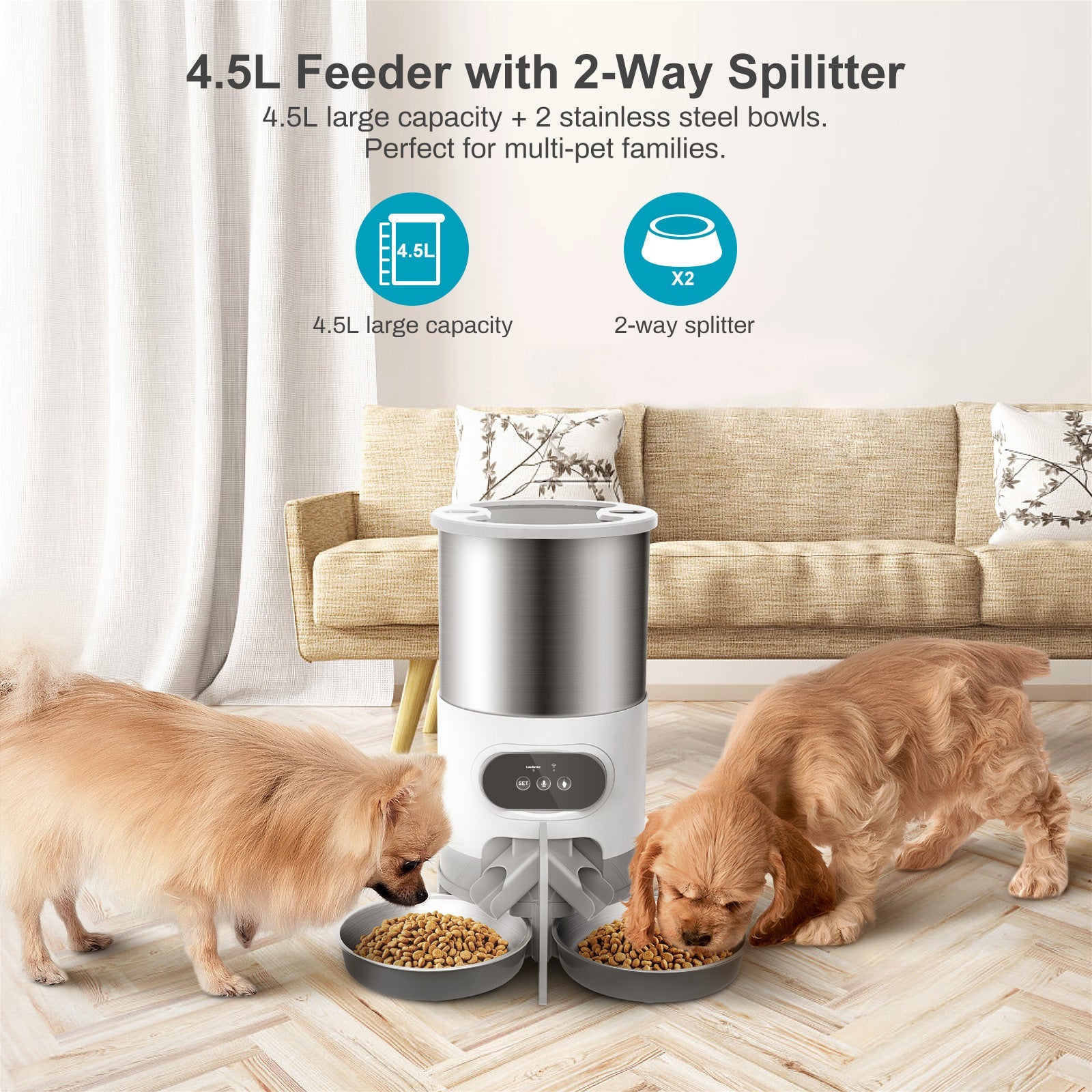 KFX-8322109 Automatic Pet Feeder with Dual Meal Design and Voice Recording 4.5L for Dogs and Cats