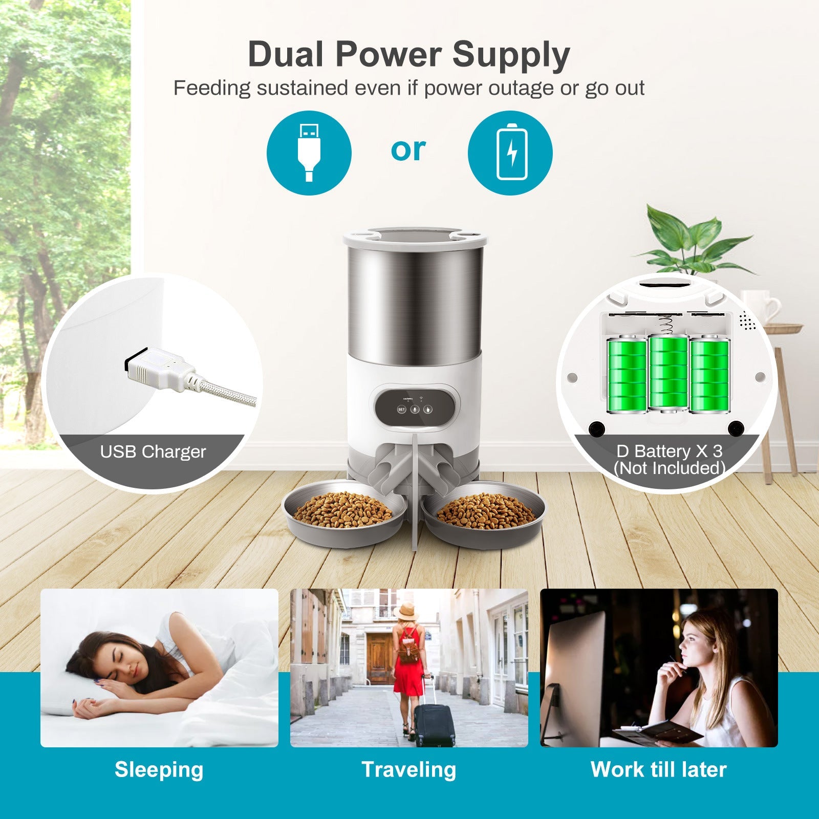 KFX-8322109 Automatic Pet Feeder with Dual Meal Design and Voice Recording 4.5L for Dogs and Cats