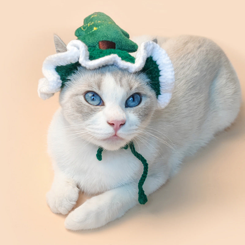 KFX-8327357 Hand-Crocheted Christmas Tree Hat for Cats and Dogs - Monochrome Design, Free Size