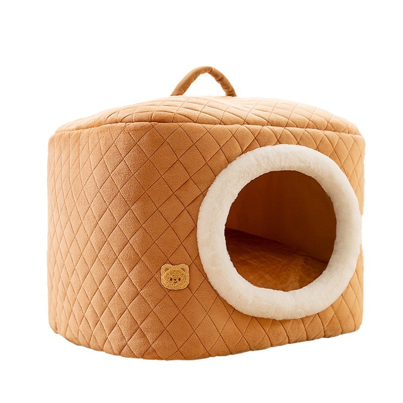KFX-8328125 Universal Removable and Washable Winter Doghouse in Brown, Yellow, and Blue - Cozy Two-Way Quilting Design for Small to Large Dogs