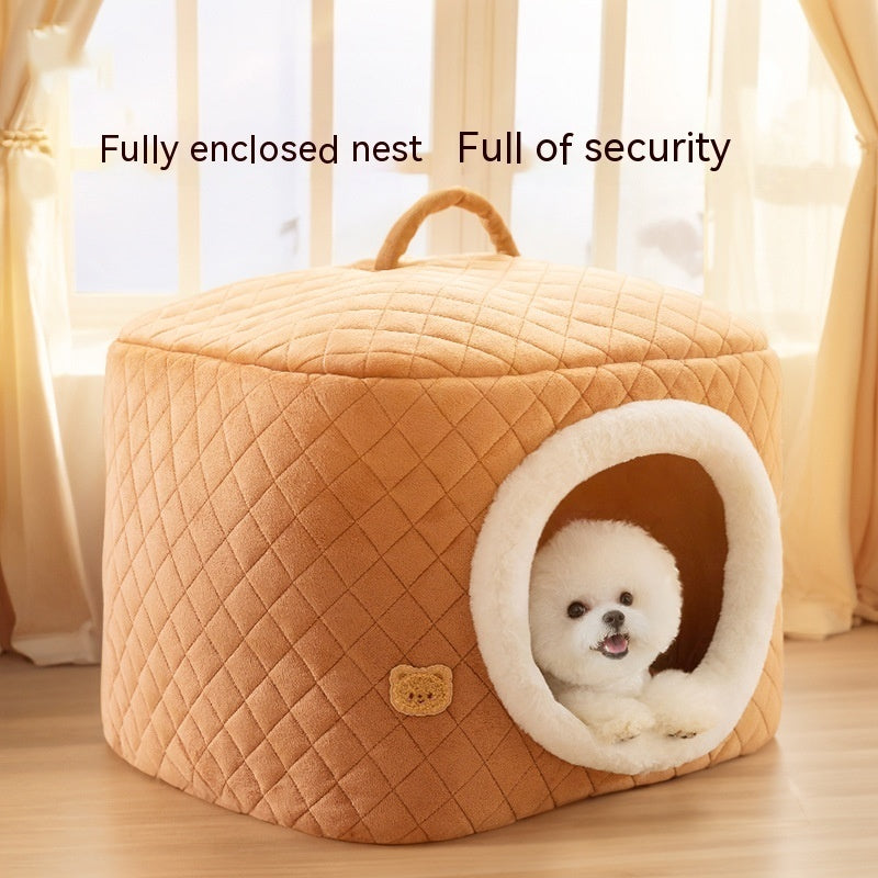 KFX-8328125 Universal Removable and Washable Winter Doghouse in Brown, Yellow, and Blue - Cozy Two-Way Quilting Design for Small to Large Dogs