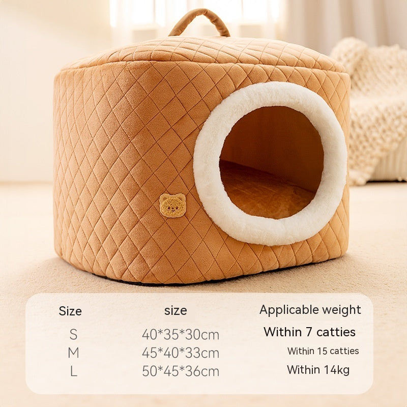 KFX-8328125 Universal Removable and Washable Winter Doghouse in Brown, Yellow, and Blue - Cozy Two-Way Quilting Design for Small to Large Dogs