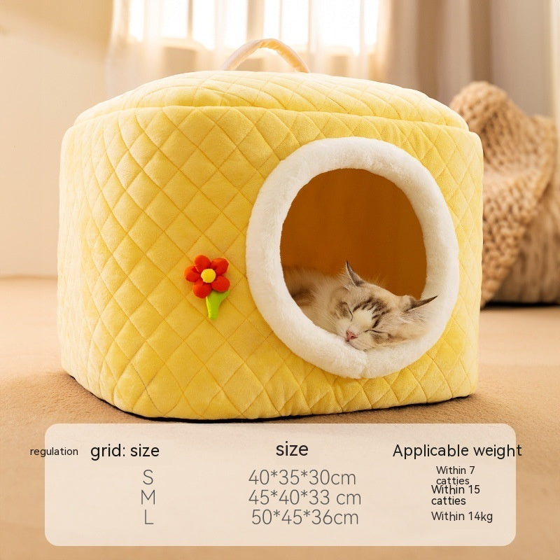 KFX-8328125 Universal Removable and Washable Winter Doghouse in Brown, Yellow, and Blue - Cozy Two-Way Quilting Design for Small to Large Dogs