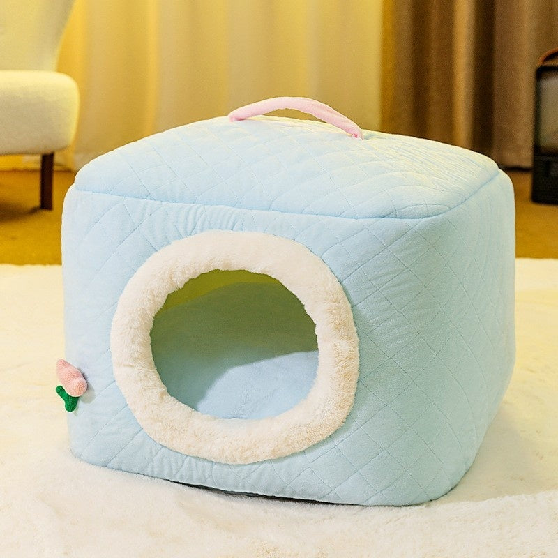 KFX-8328125 Universal Removable and Washable Winter Doghouse in Brown, Yellow, and Blue - Cozy Two-Way Quilting Design for Small to Large Dogs