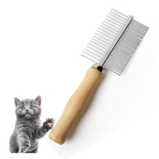 KFX-8331325 Double-Sided Pet Grooming Brush with Wooden Handle and Stainless Steel Teeth for Removing Mats and Tangles