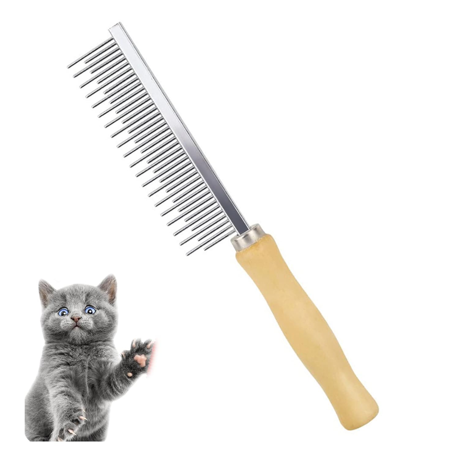 KFX-8331325 Double-Sided Pet Grooming Brush with Wooden Handle and Stainless Steel Teeth for Removing Mats and Tangles