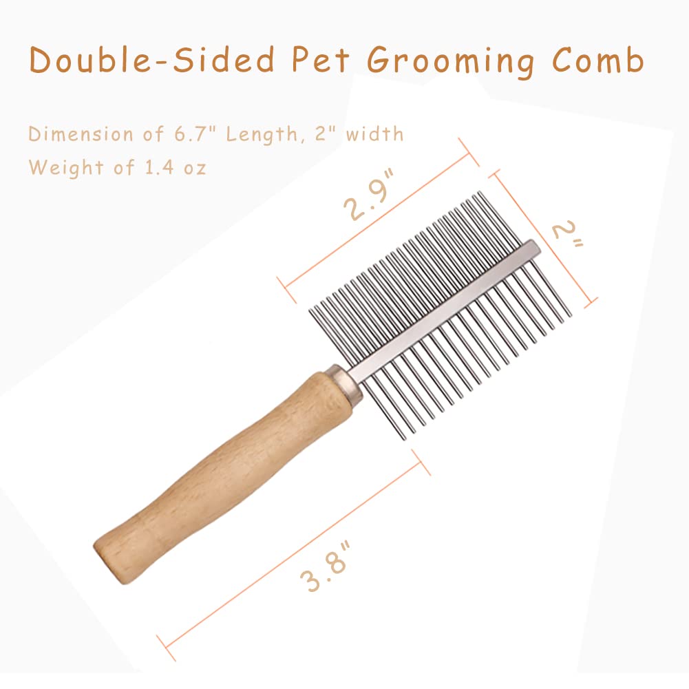 KFX-8331325 Double-Sided Pet Grooming Brush with Wooden Handle and Stainless Steel Teeth for Removing Mats and Tangles