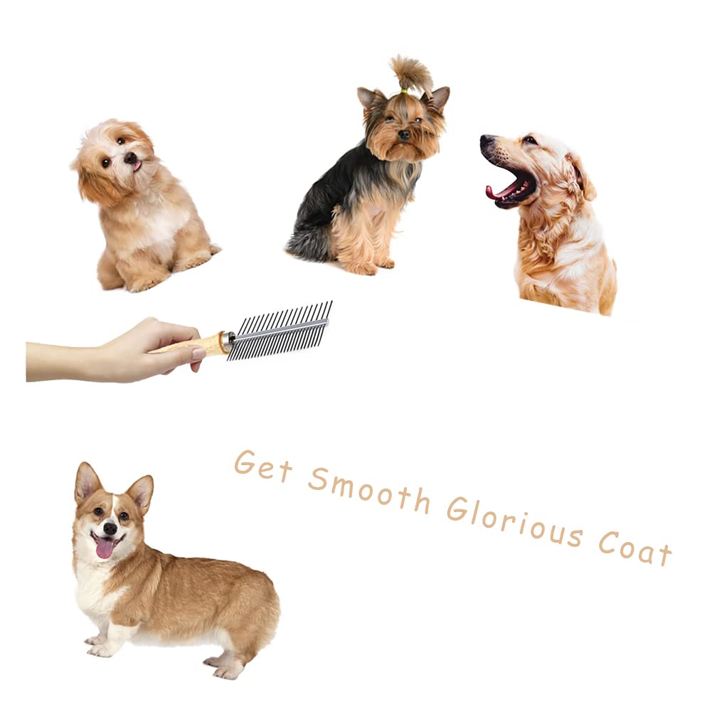 KFX-8331325 Double-Sided Pet Grooming Brush with Wooden Handle and Stainless Steel Teeth for Removing Mats and Tangles