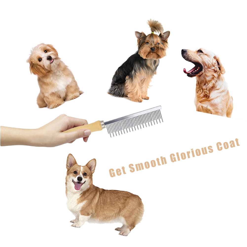 KFX-8331325 Double-Sided Pet Grooming Brush with Wooden Handle and Stainless Steel Teeth for Removing Mats and Tangles