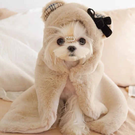 KFX-8340157 Cozy Bear Plush Cloak for Dogs and Cats - Warm Autumn/Winter Blanket