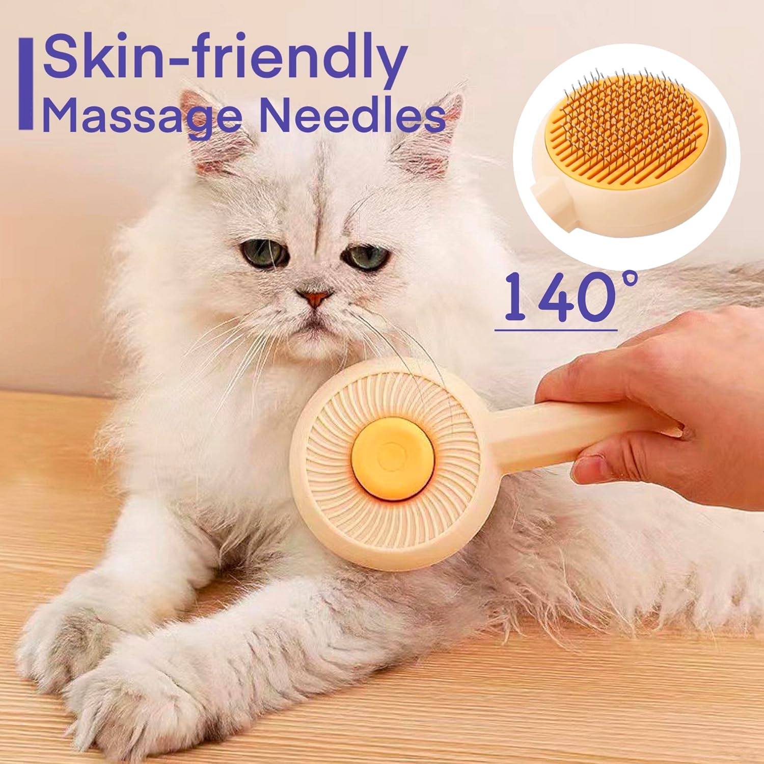 KFX-8342845 140° Angled Pet Grooming Brush with Self-Cleaning Button - Suitable for Cats and Dogs, Ideal for Shedding and Massaging