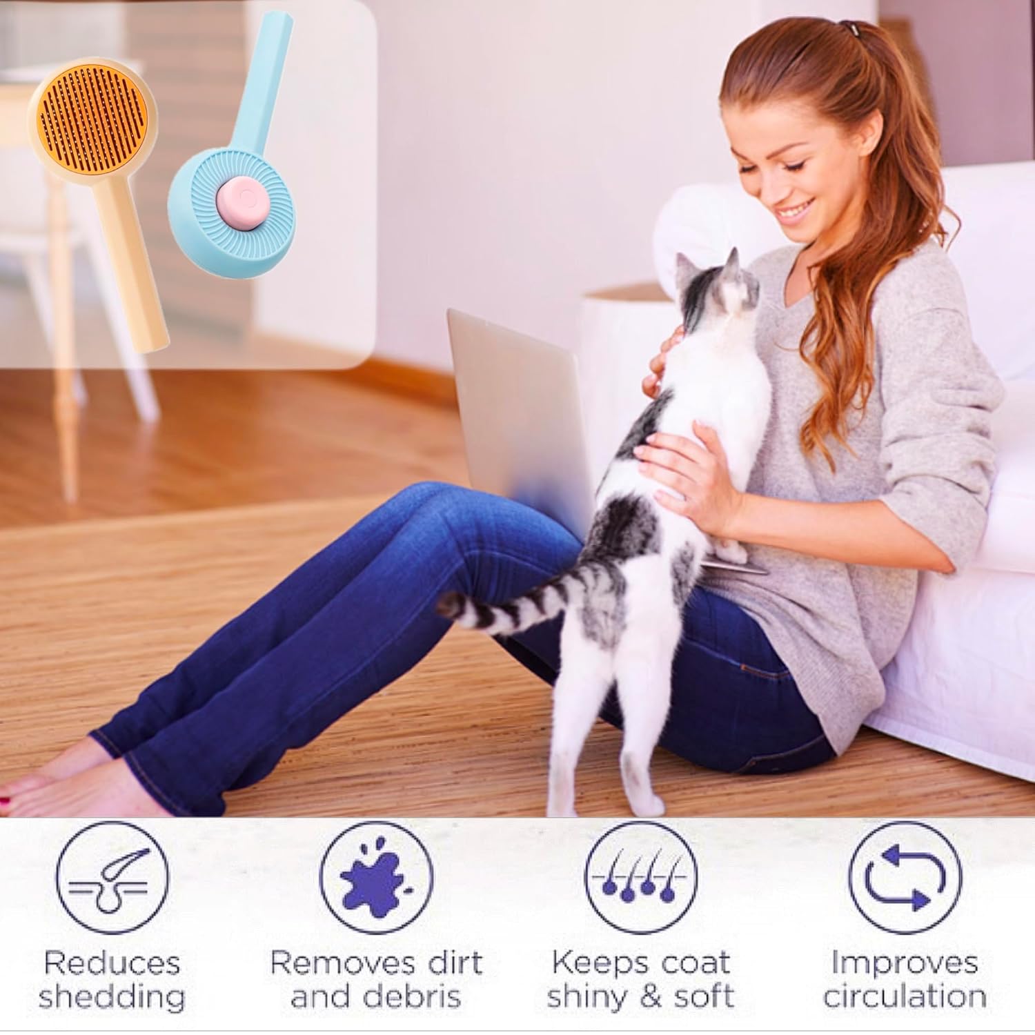 KFX-8342845 140° Angled Pet Grooming Brush with Self-Cleaning Button - Suitable for Cats and Dogs, Ideal for Shedding and Massaging