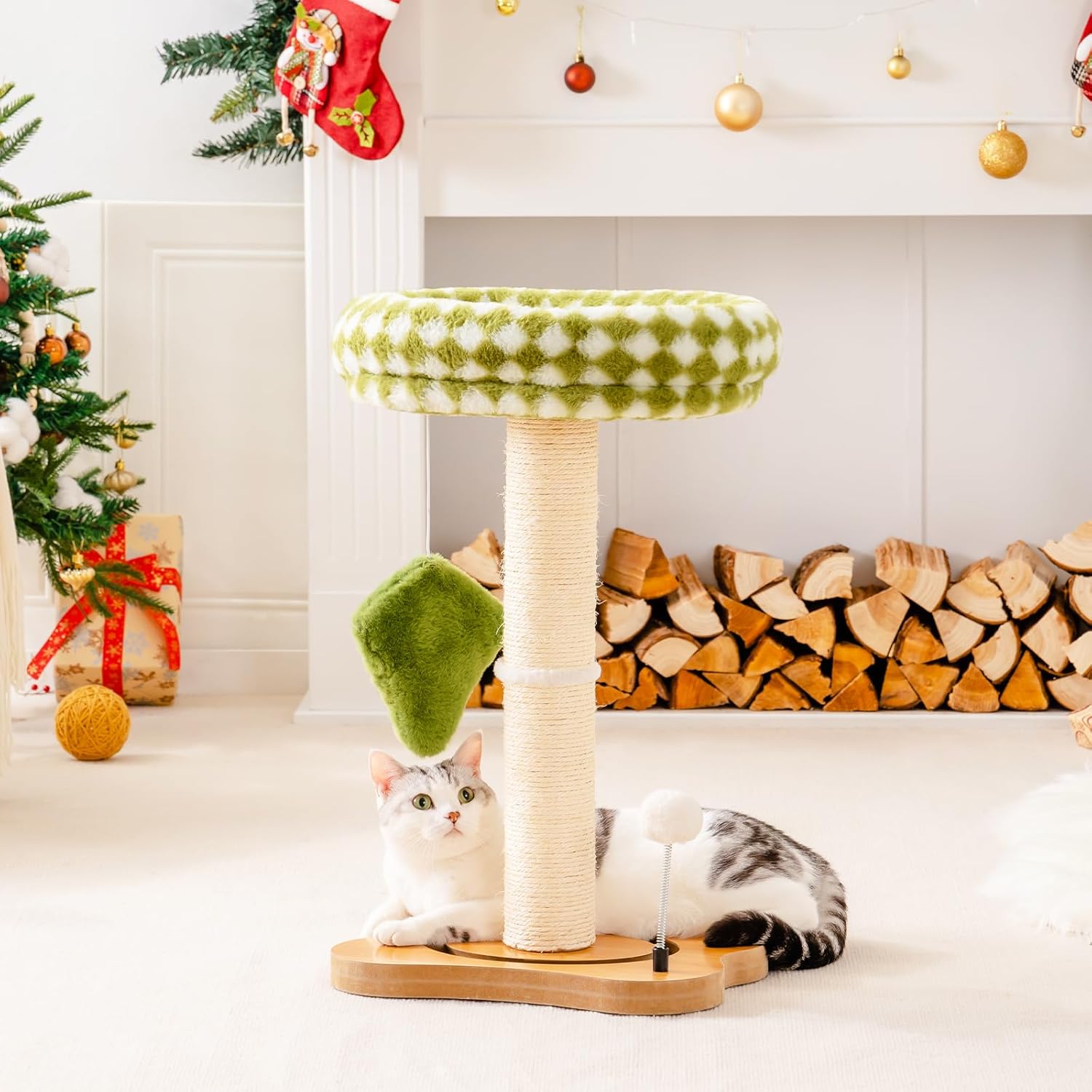 KFX-8343997 2-in-1 Cat Tower with Sisal Scratcher and Interactive Ball Track, Cozy Bed in Green